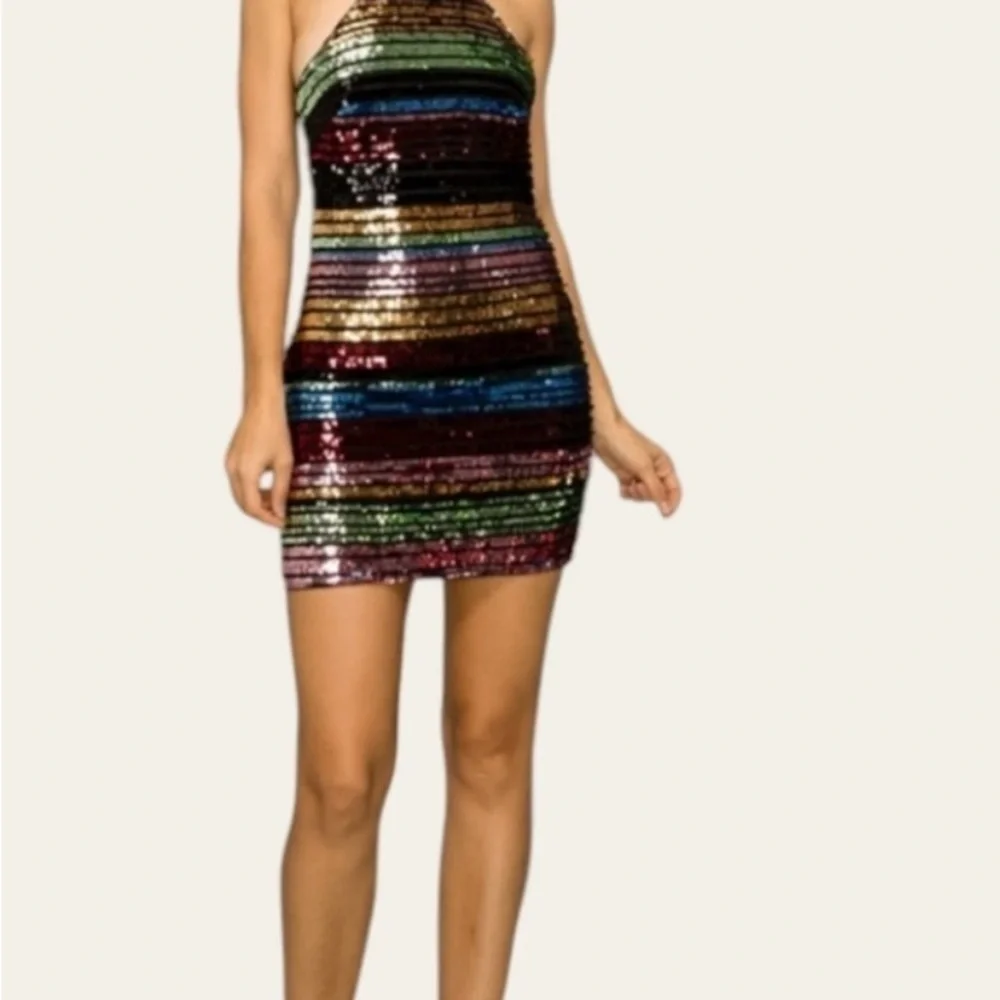 Privy Medium Sexy Party/Holiday Multicolor Sequin Striped Dress Side Cutouts